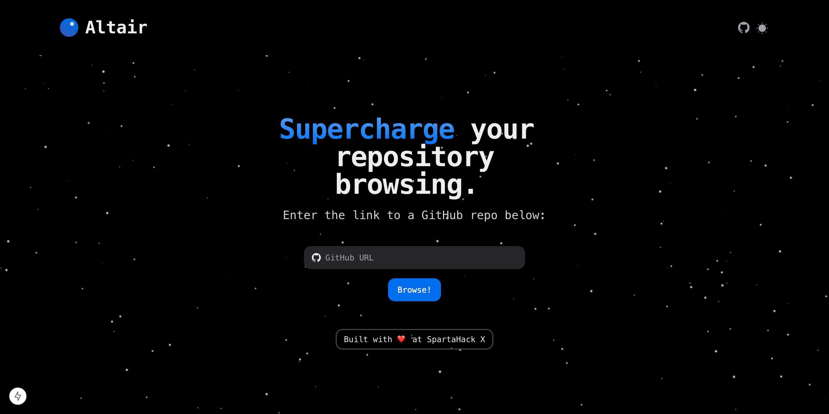 Dark, starry hero screenshot reading 'Supercharge your repository browsing' with an input field.