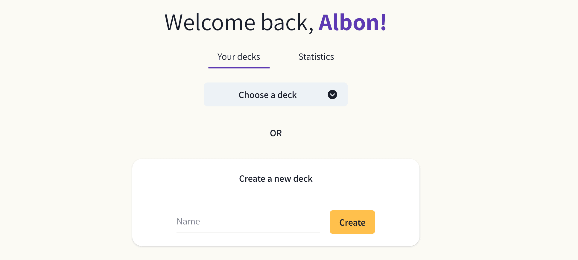 App dashboard: "Welcome back" header, deck dropdown, and create-deck form.