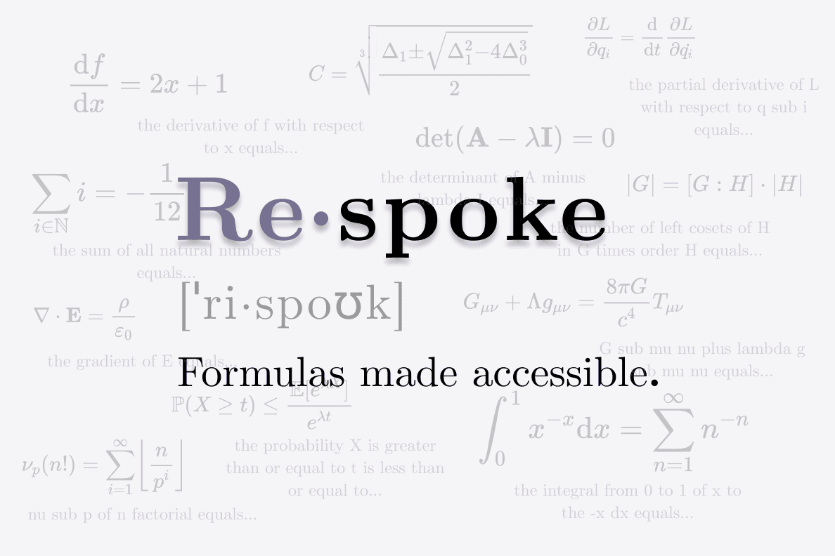 Title over faint math formulas, with "Formulas made accessible" tagline.